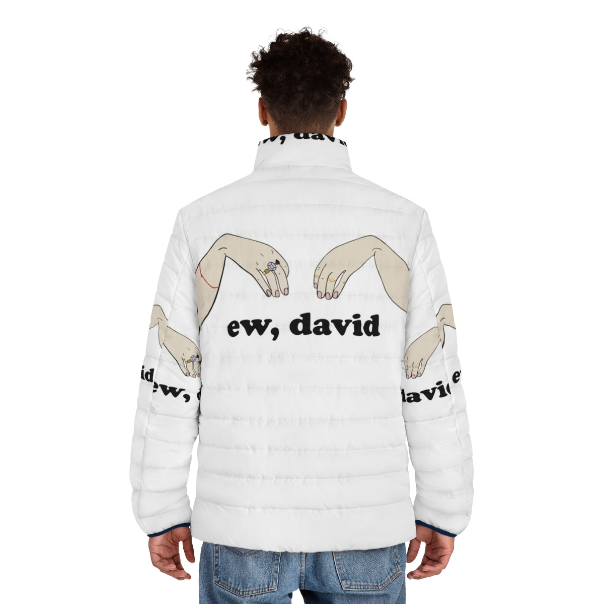 Ew David Schitt's Creek Puffer Jacket with Digital Illustration of David Rose - men back