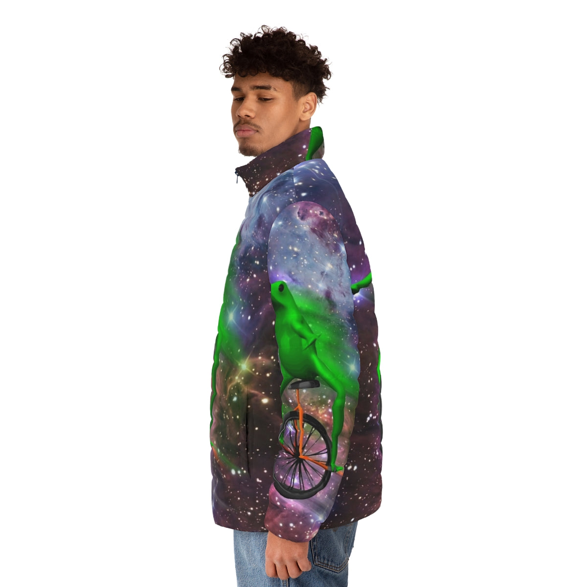 Dat Boi meme puffer jacket with astronaut and outer space design - men side left