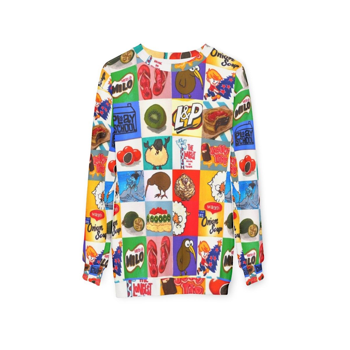 Kiwiana food and drink icons collage sweatshirt - hanging