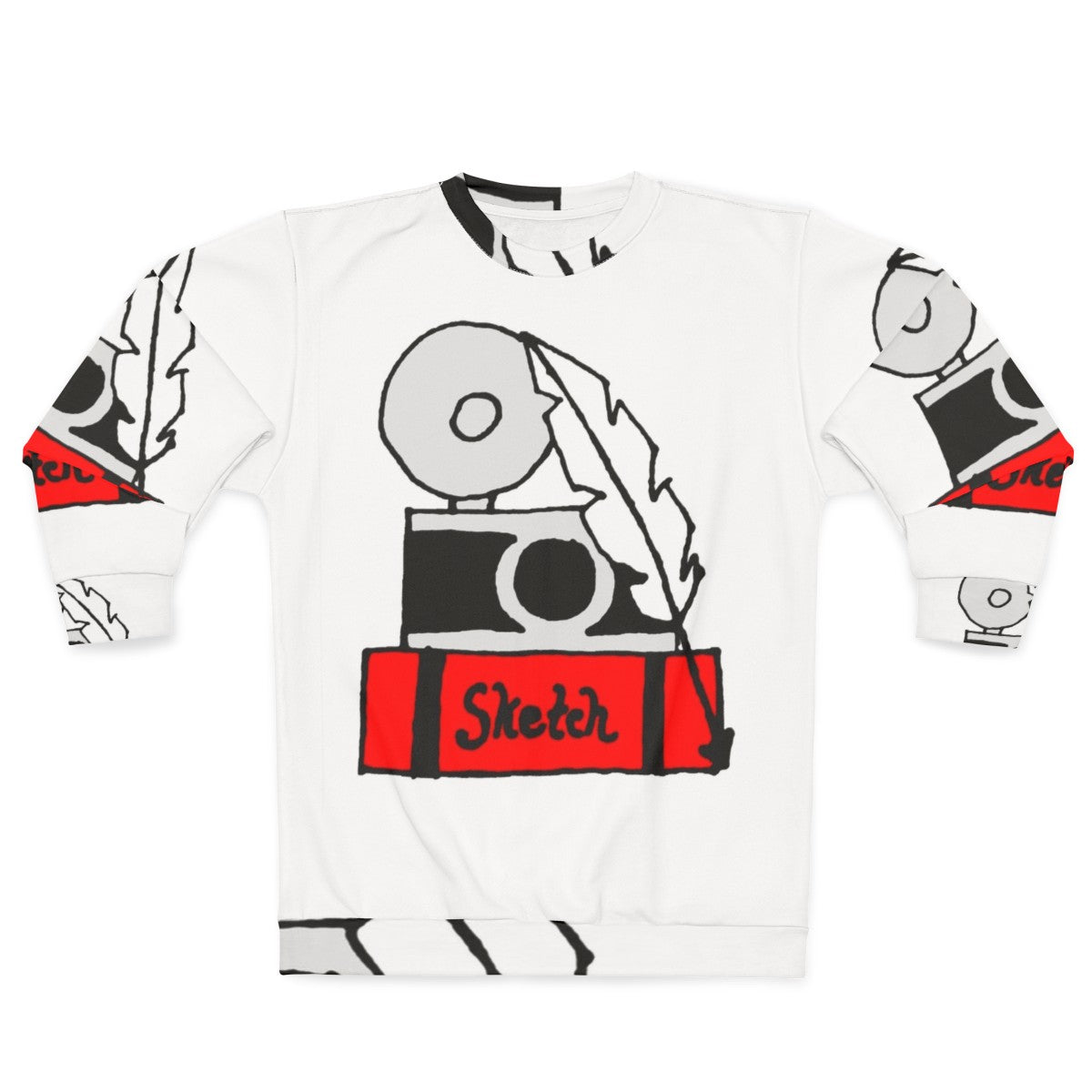 Hobbies Sweatshirt featuring artistic icons like a sketchbook, quill, and camera