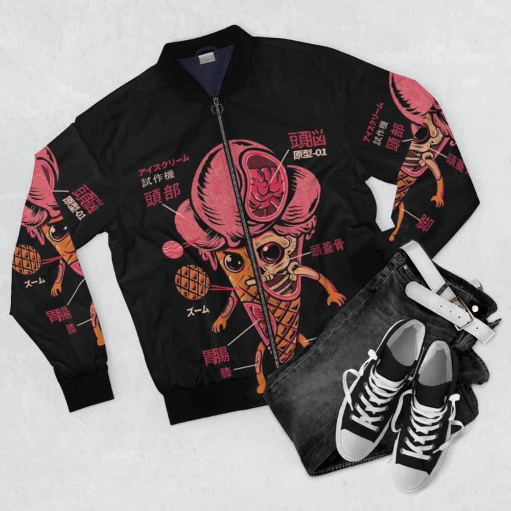 Stylish ice cream kaiju bomber jacket with a retro Japanese design - Flat lay