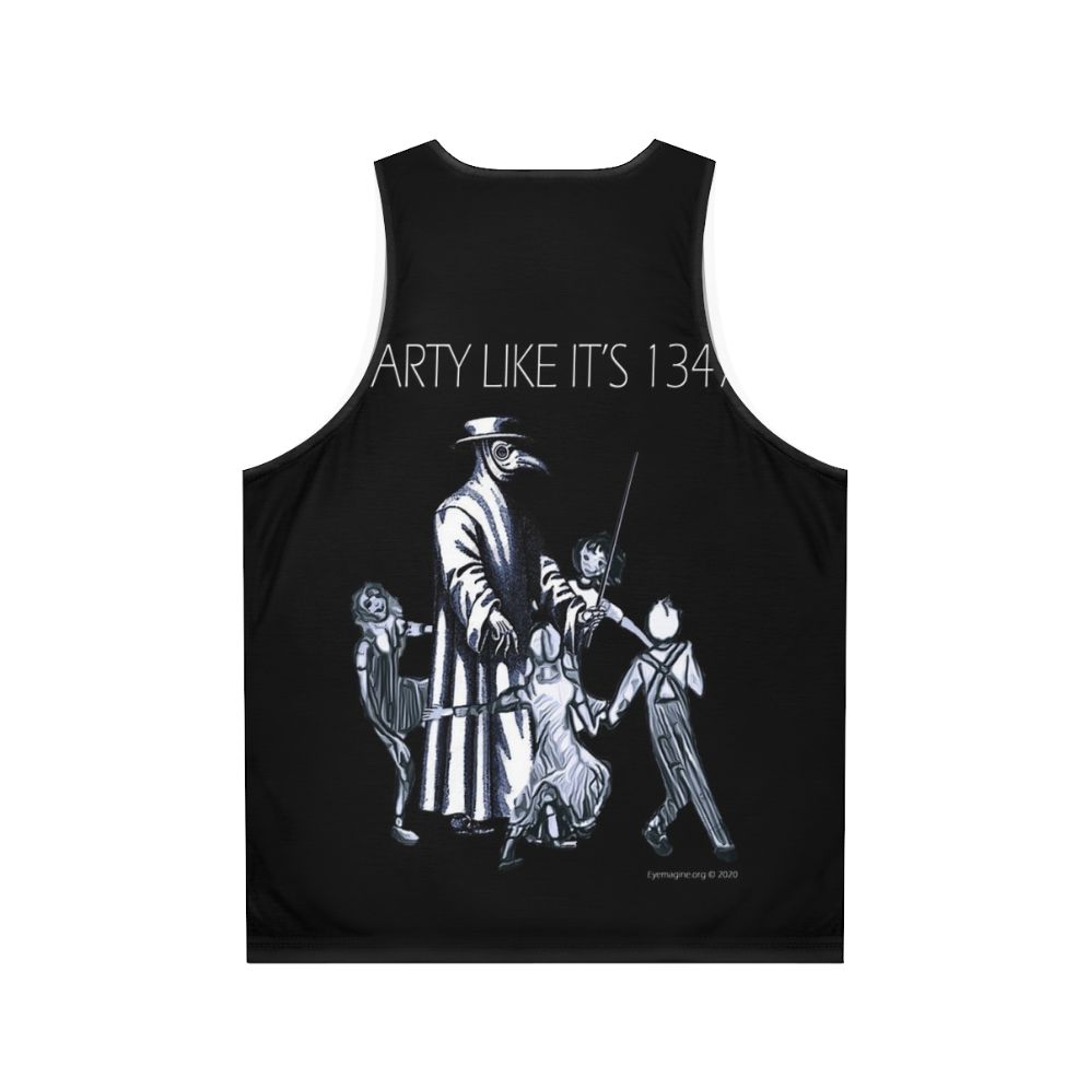 "Party Like It's 1347" unisex tank top featuring plague doctor design - Back