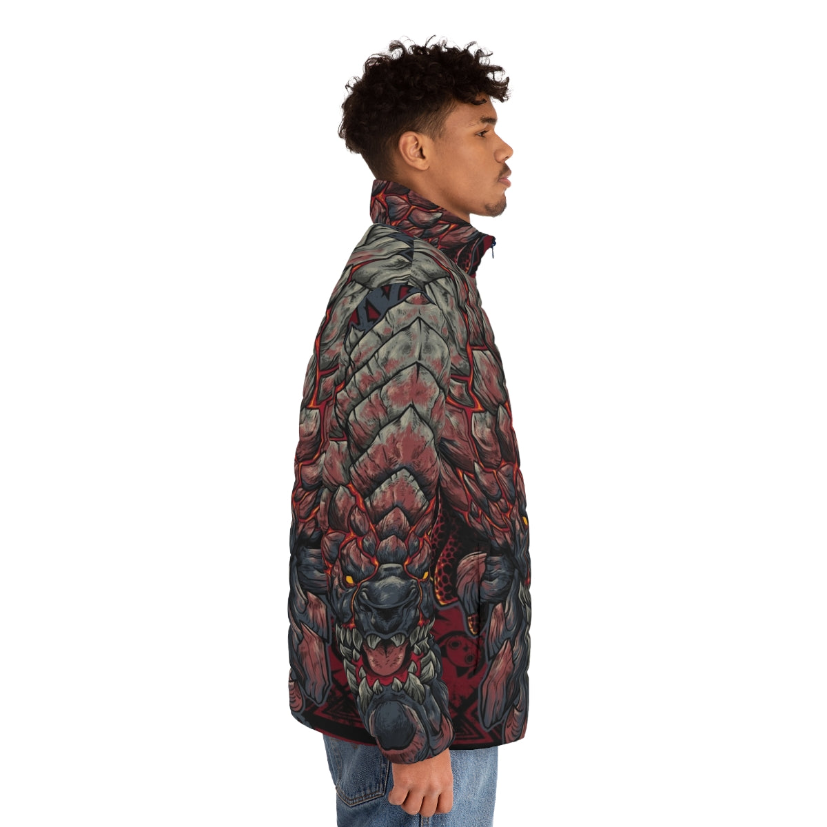 A warm and durable puffer jacket featuring the Bazelgeuse monster design, perfect for Monster Hunter fans. - men side right