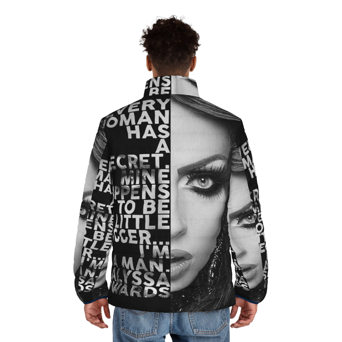 Alyssa Edwards text portrait printed on a black and white puffer jacket - men back