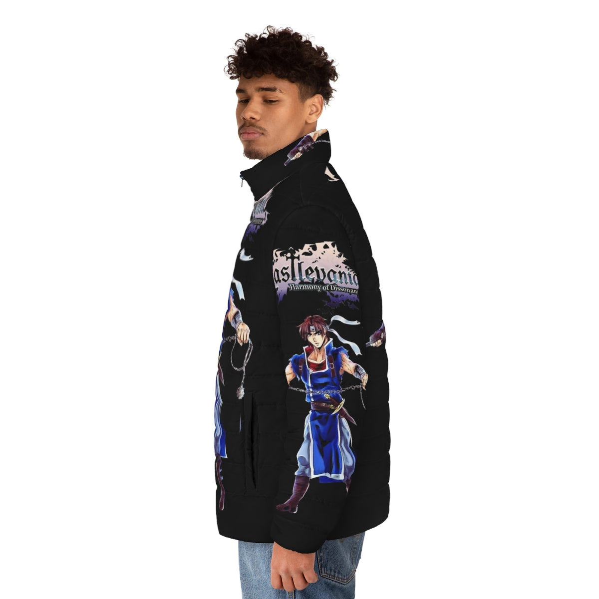 Castlevania Puffer Jacket featuring Alucard, Belmont, and Sypha character designs - men side left