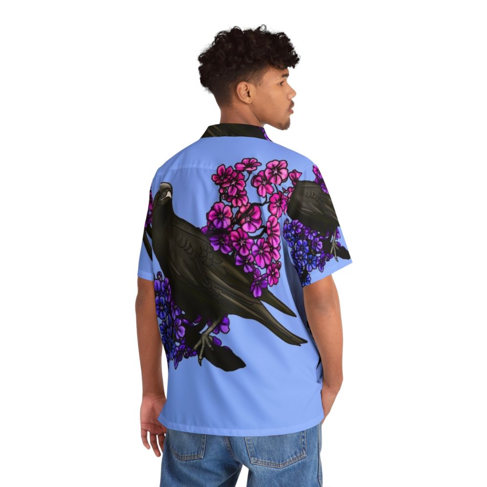 Bi Crow 2023 Hawaiian Shirt with beautiful bird, floral, and bisexual pride design - People Back