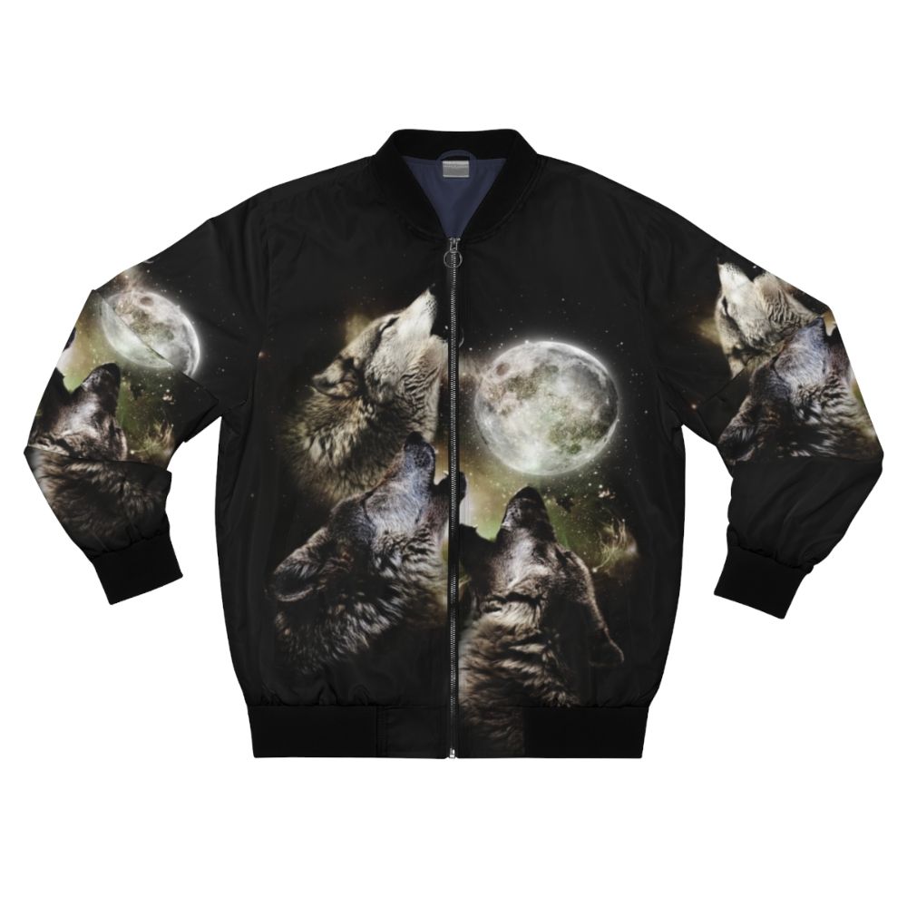 Three wolves howling at the full moon on a vintage-style bomber jacket