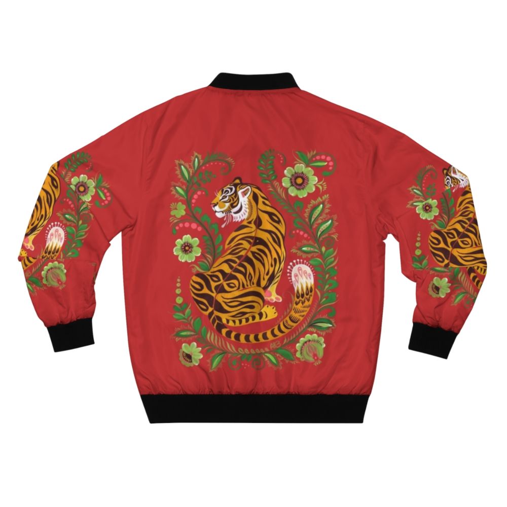 Tiger folk art printed bomber jacket with wild cat design - Back