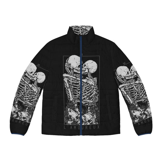 Model wearing dark, romantic puffer jacket with occult-inspired design featuring tarot cards, skulls, and flowers