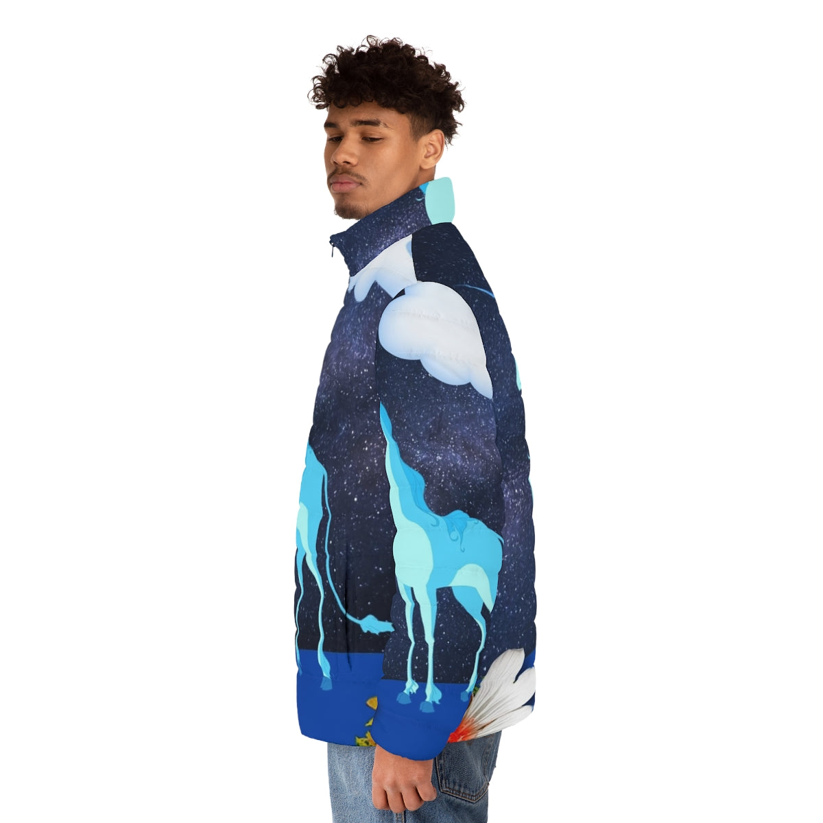 The Last Unicorn Lunar Landscape Puffer Jacket featuring a nostalgic 80s fantasy illustration of the unicorn character. - men side left