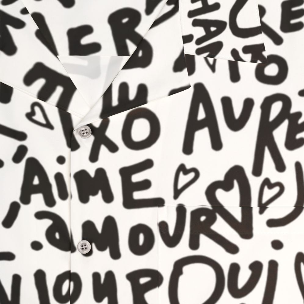 French-inspired Hawaiian shirt with "I Love You" phrase in white text on black and white background - Detail