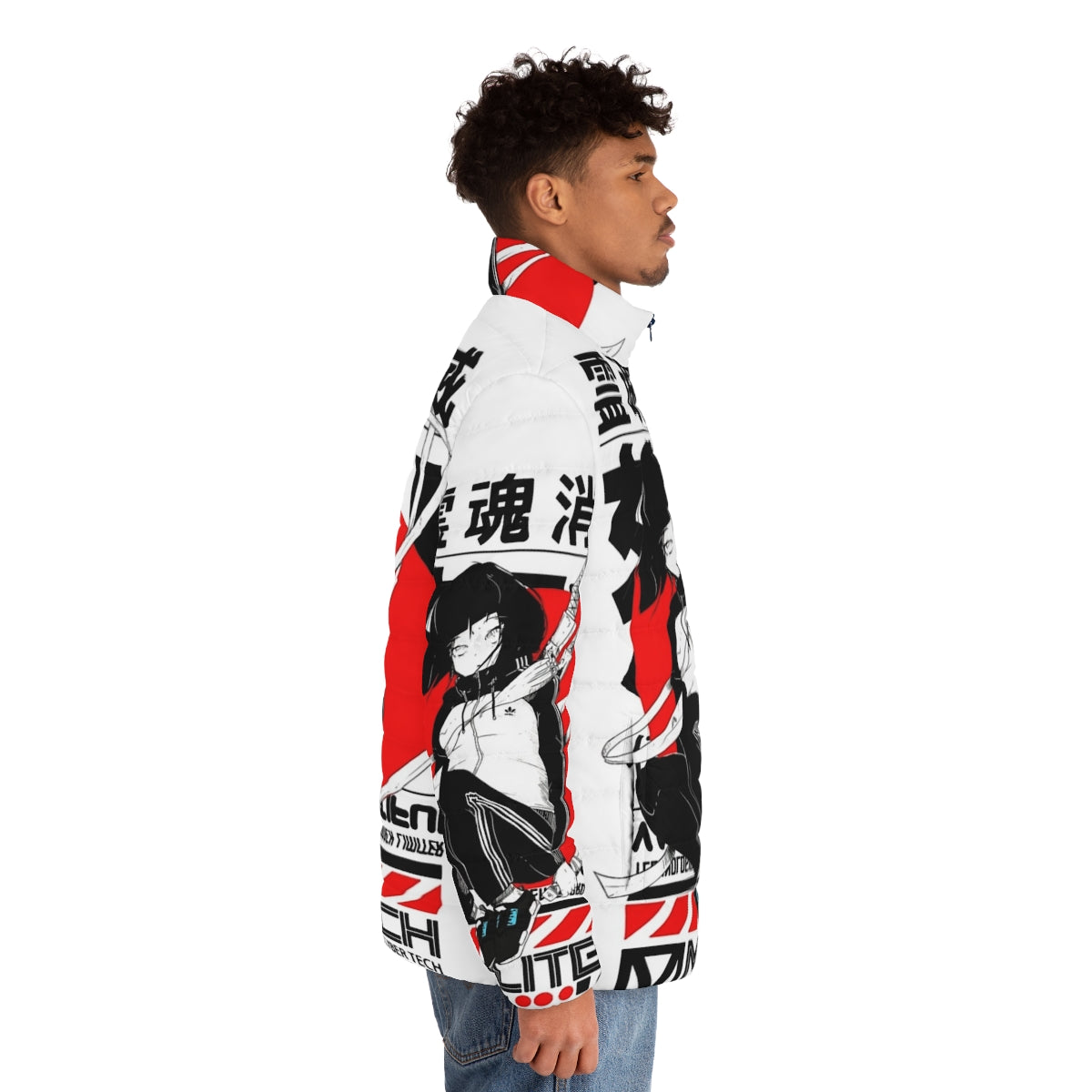 Japanese-inspired puffer jacket with futuristic cyberpunk aesthetic - men side right