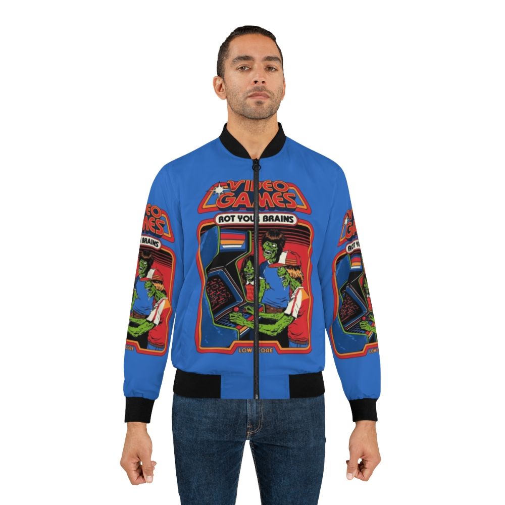 Retro video games bomber jacket with a vintage design and zombie brains theme - Lifestyle