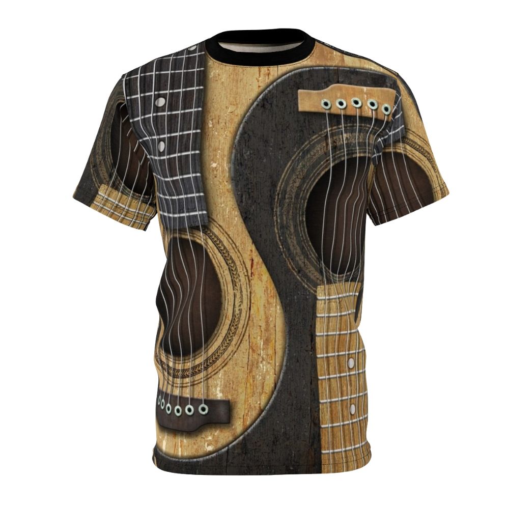 Vintage acoustic guitar with yin yang symbol on black t-shirt