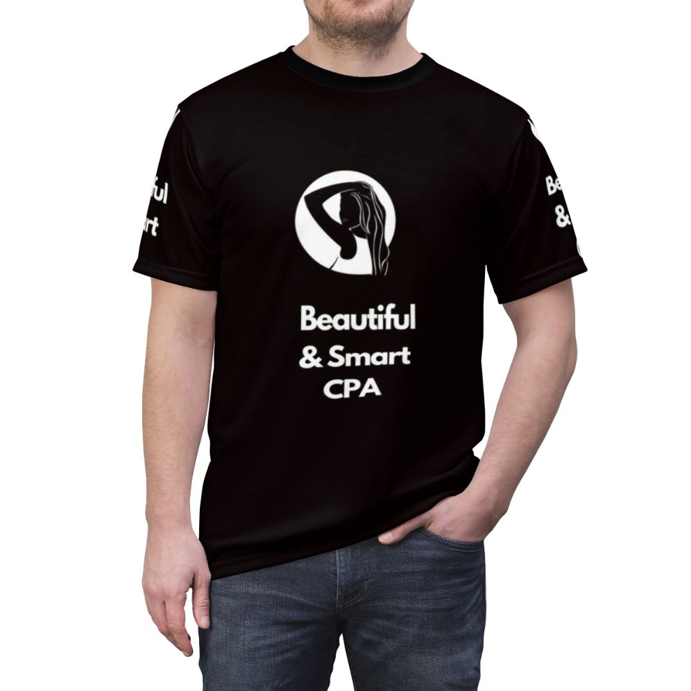 Beautiful and smart Certified Public Accountant (CPA) woman wearing a stylish t-shirt - men front