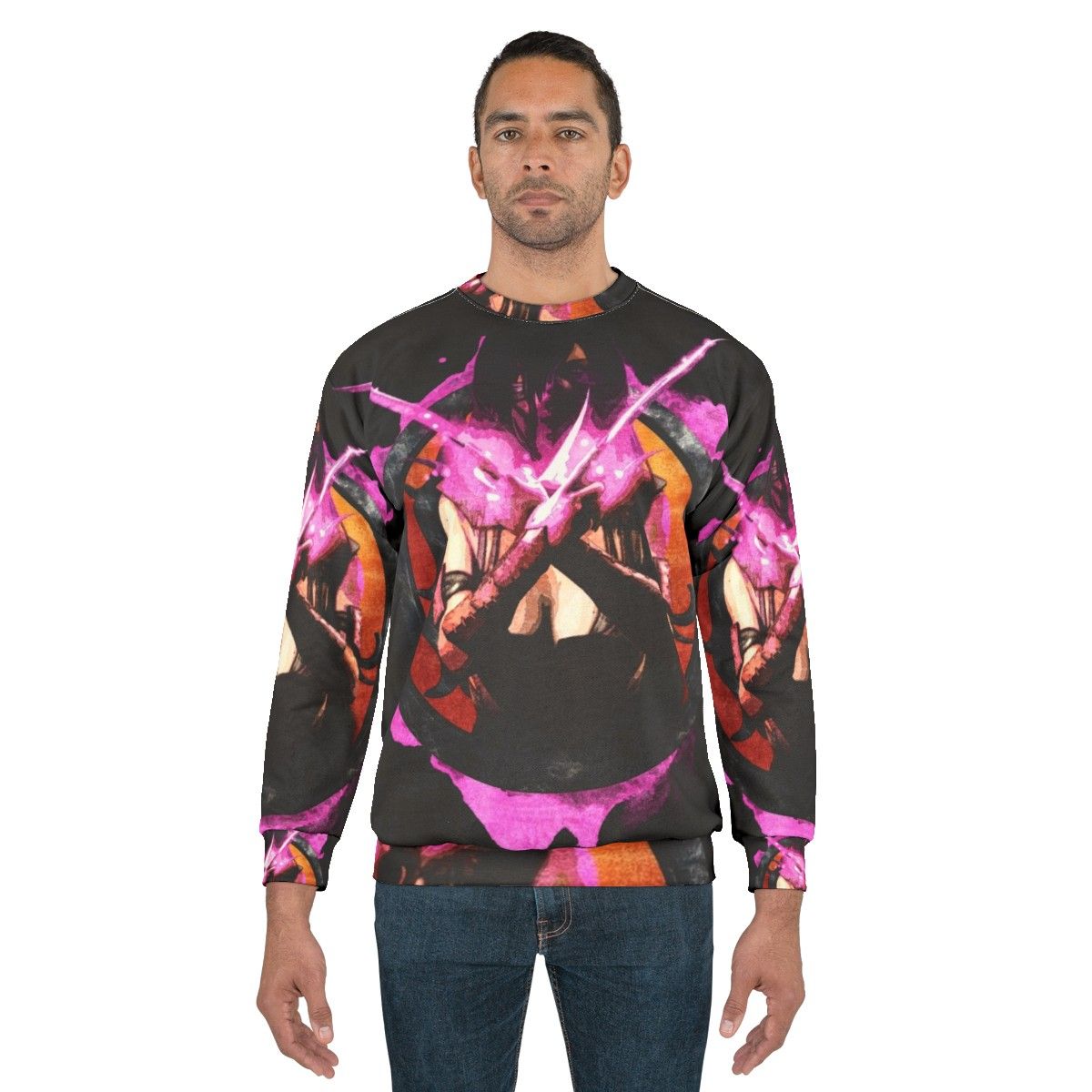 Mileena from Mortal Kombat fighting game character portrait on pink grunge sweatshirt - men