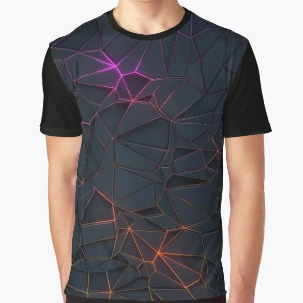 A t-shirt featuring a geometric abstract design with polygons, mosaics, and a vibrant color palette.