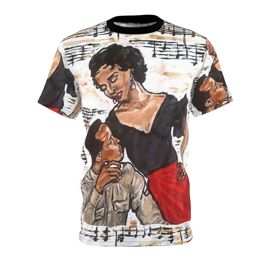 Vintage-inspired T-shirt featuring a Carmen Jones-themed design with musical elements and references to Black Hollywood glamour.