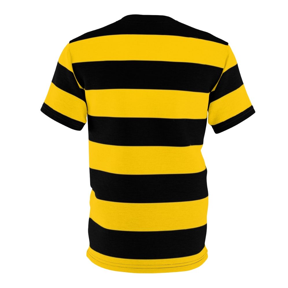 Closeup of a yellow and black striped bee on a t-shirt - Back