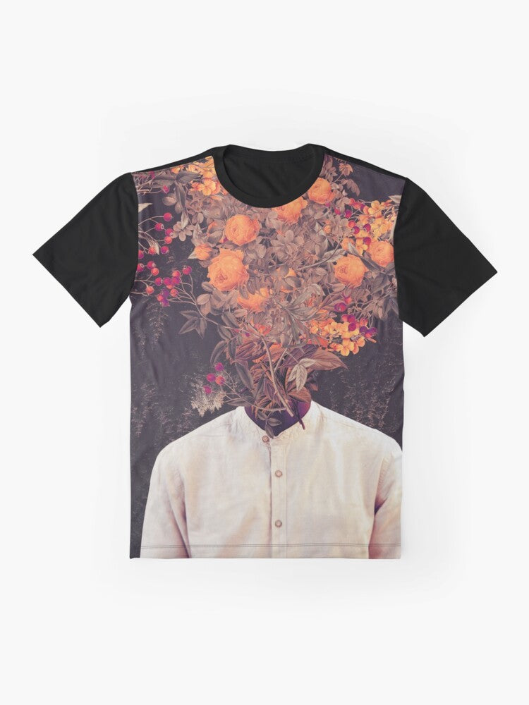 Vintage floral graphic design t-shirt featuring a collage of flowers, head, and classical painting elements - Flat lay