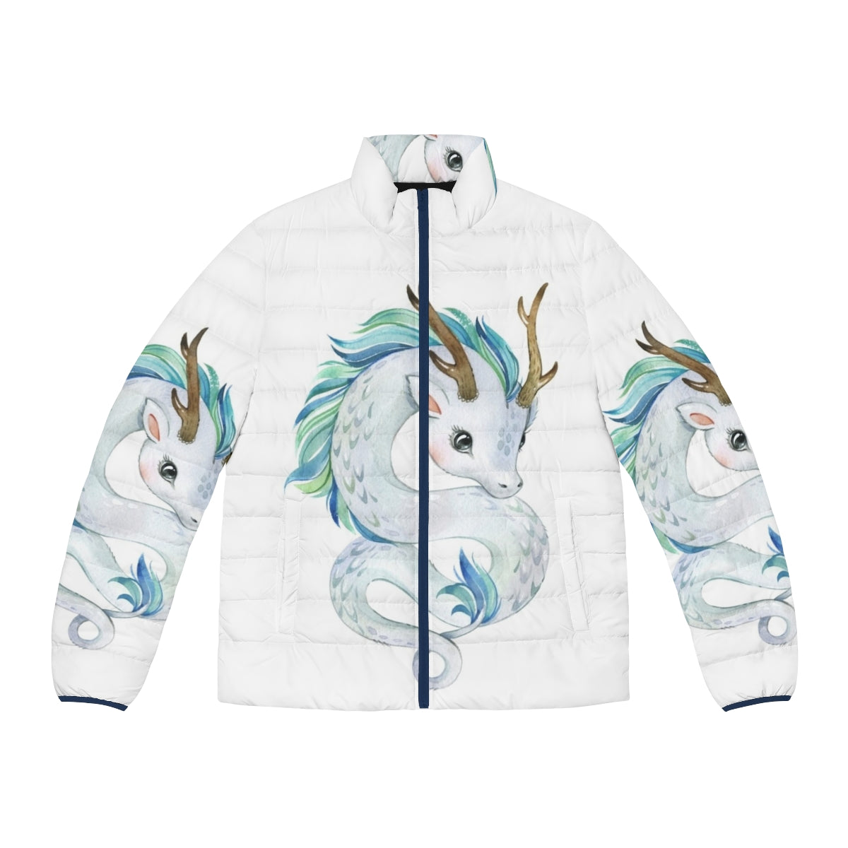 Cozy puffer jacket featuring a cute mythical dragon design