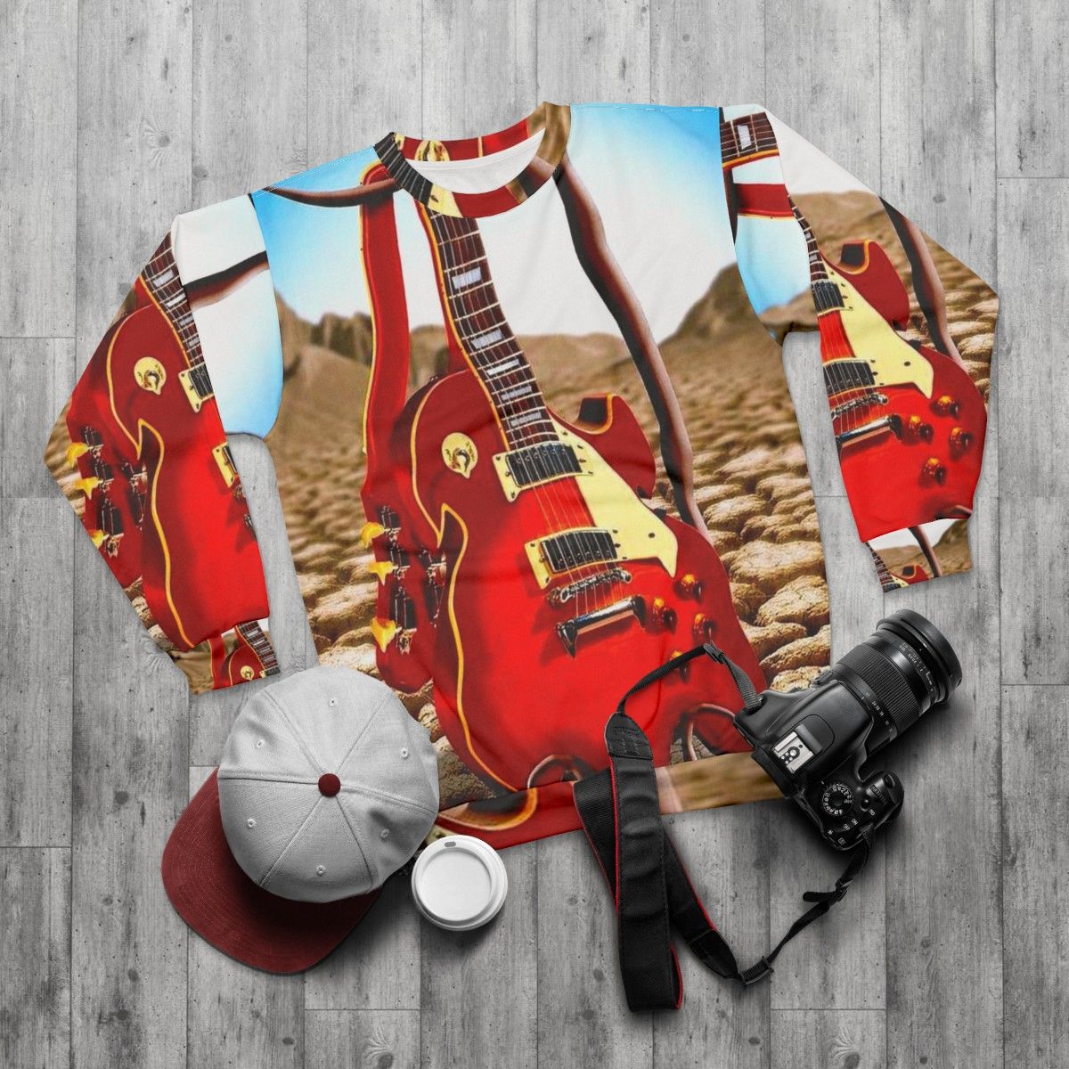 Melted guitar desert print surreal abstract sweatshirt - flat lay