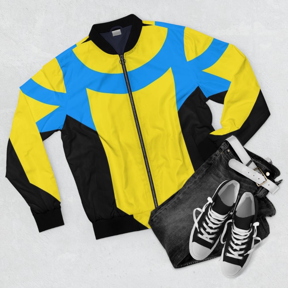 Invincible Suit Superhero Bomber Jacket with Viltrumite Design - Flat lay