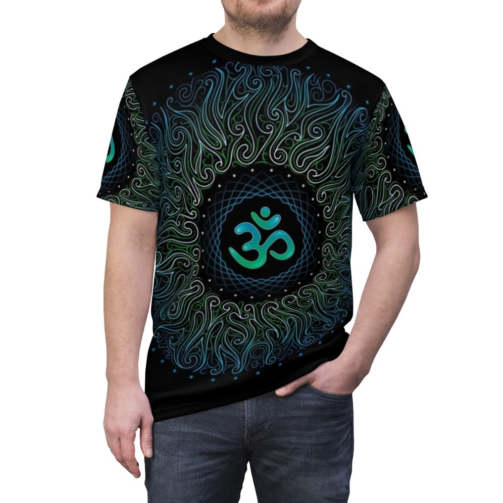 Psychedelic yoga Om mandala design on a black t-shirt with floral patterns and sacred geometry elements. - men front