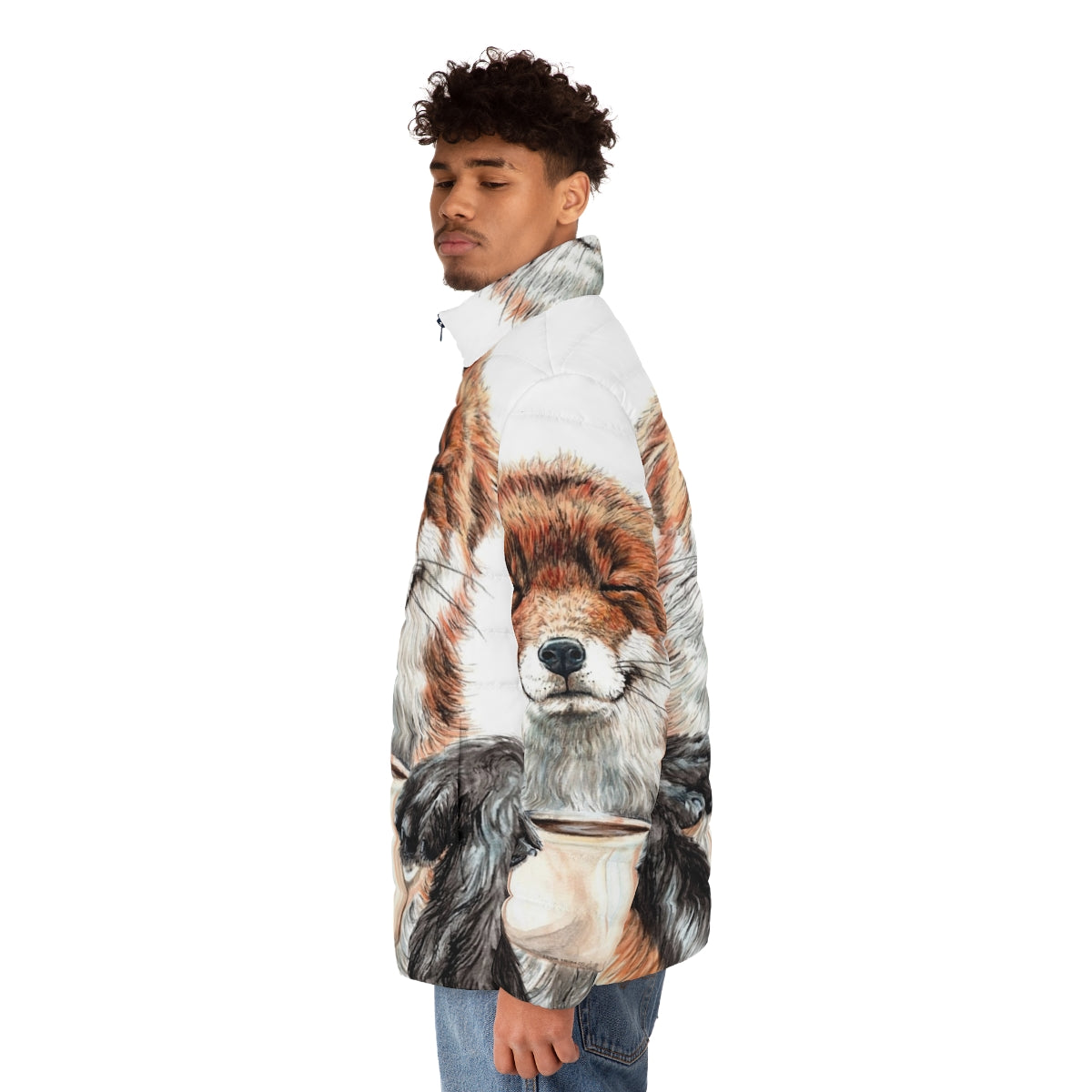 Watercolor illustration of a red fox drinking coffee on a puffer jacket - men side left