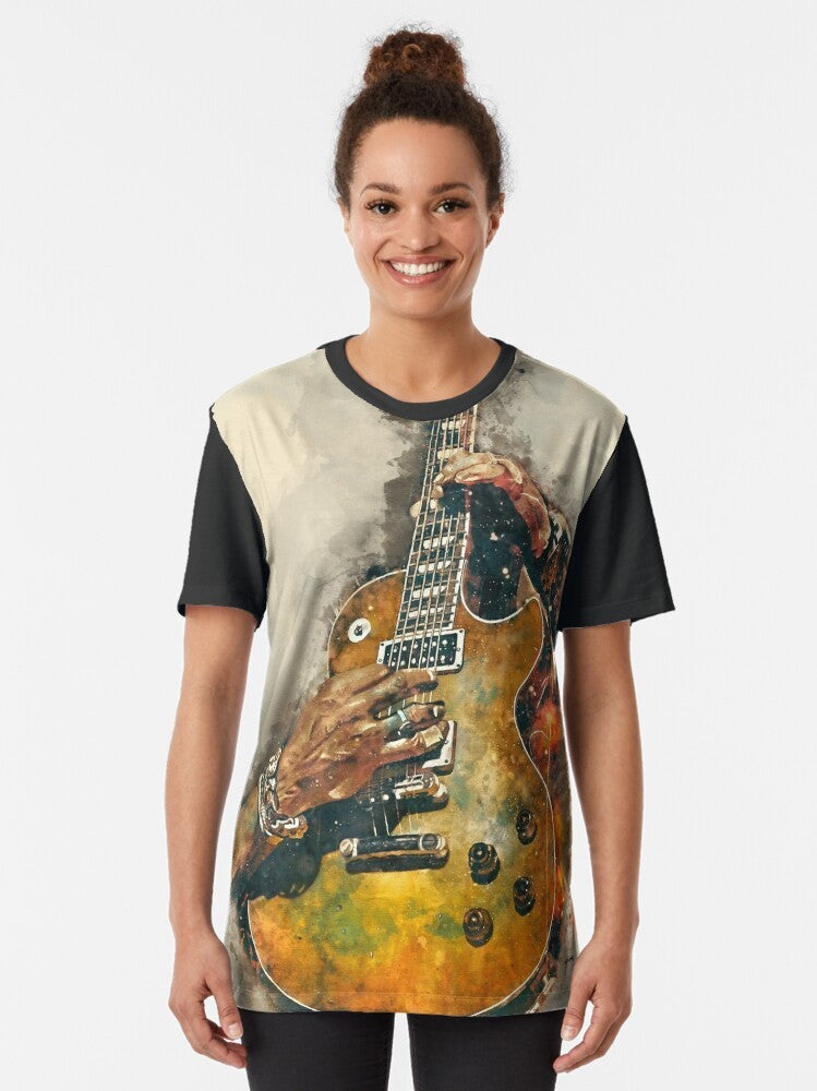 Watercolor electric guitar graphic t-shirt featuring Slash's iconic guitar - Women