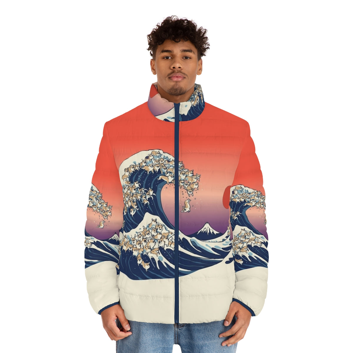 Corgi wearing a puffer jacket with the famous "Great Wave off Kanagawa" design - men front