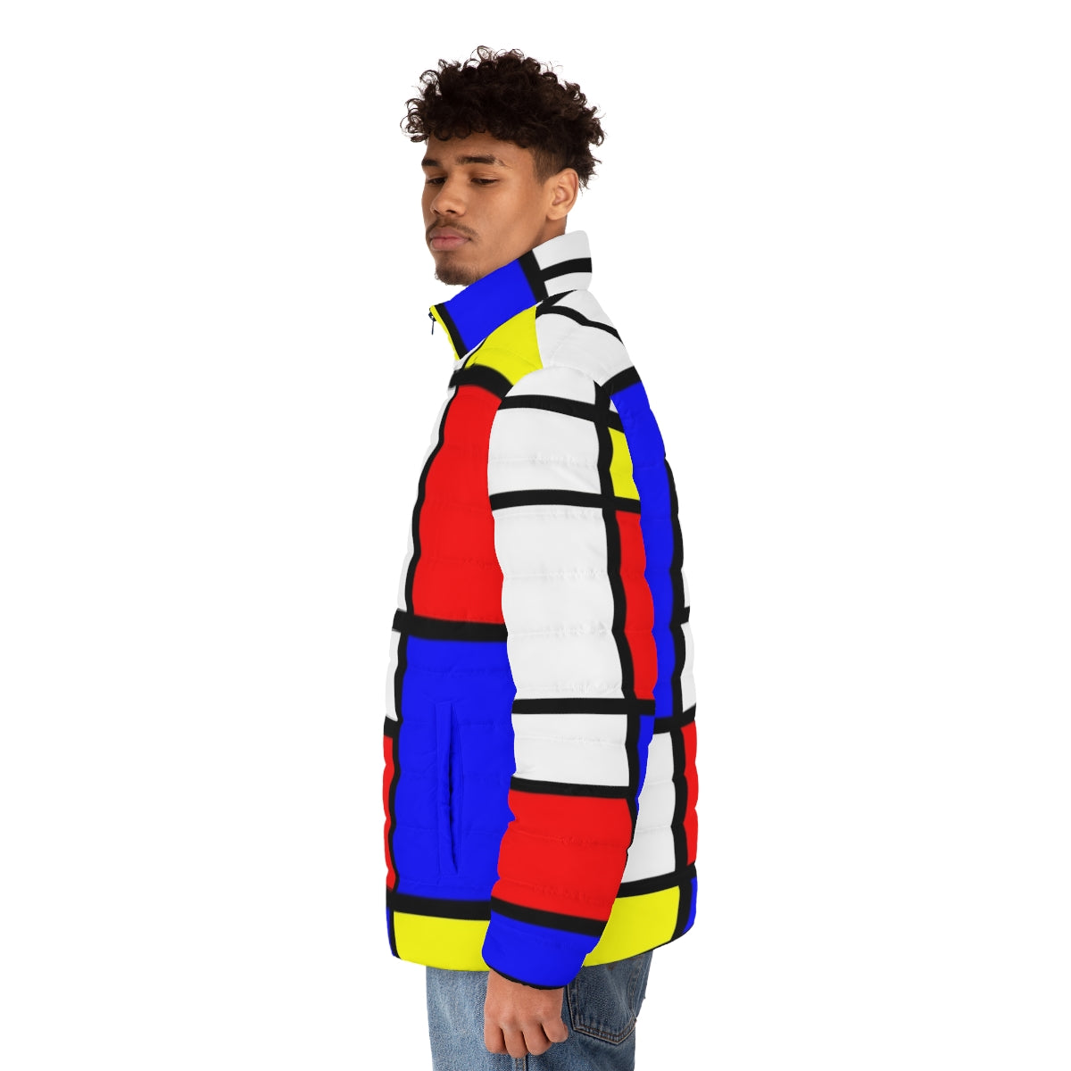 Vibrant, geometric Mondrian-style puffer jacket in primary colors - men side left