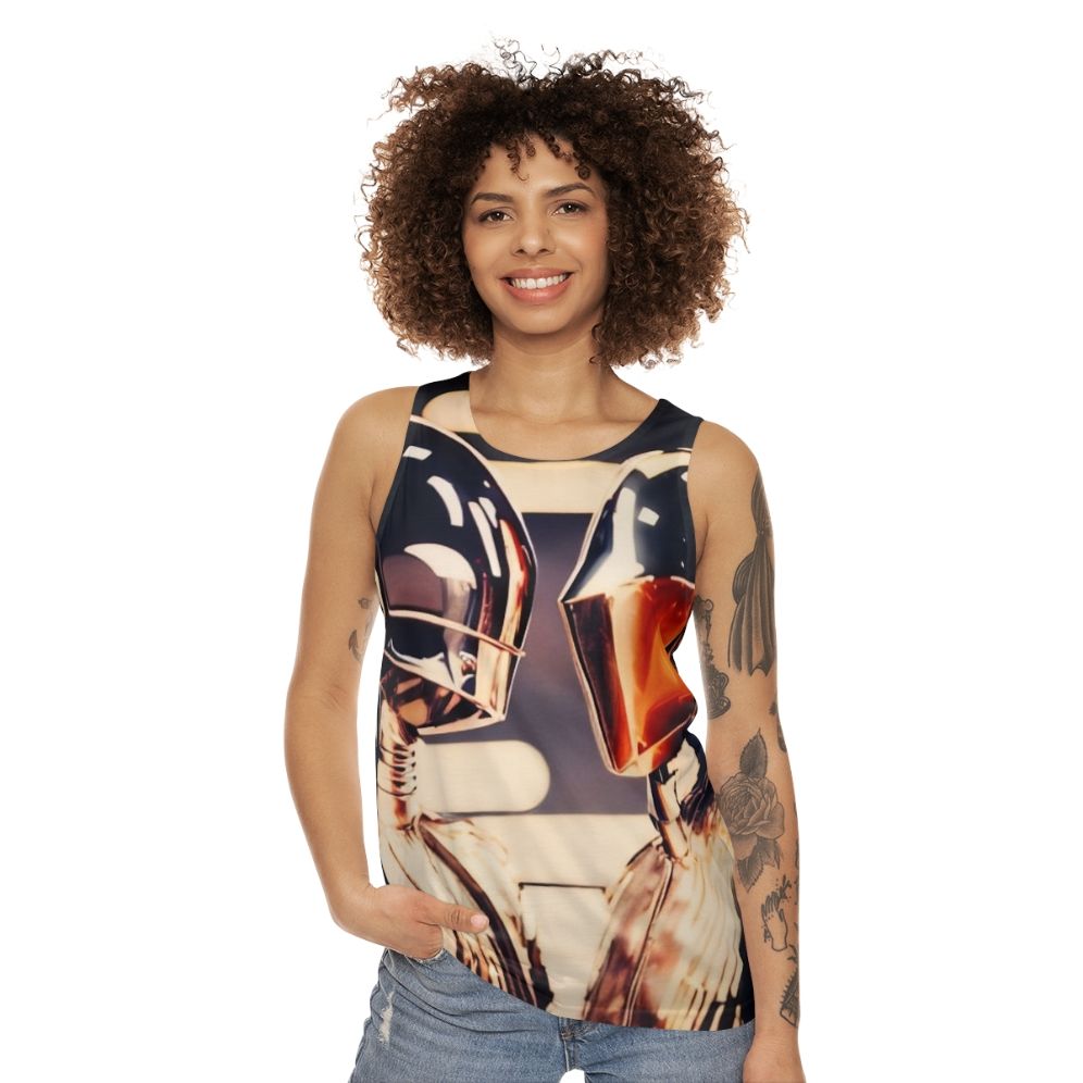 Unisex retro 70s disco tank top with robot design - women