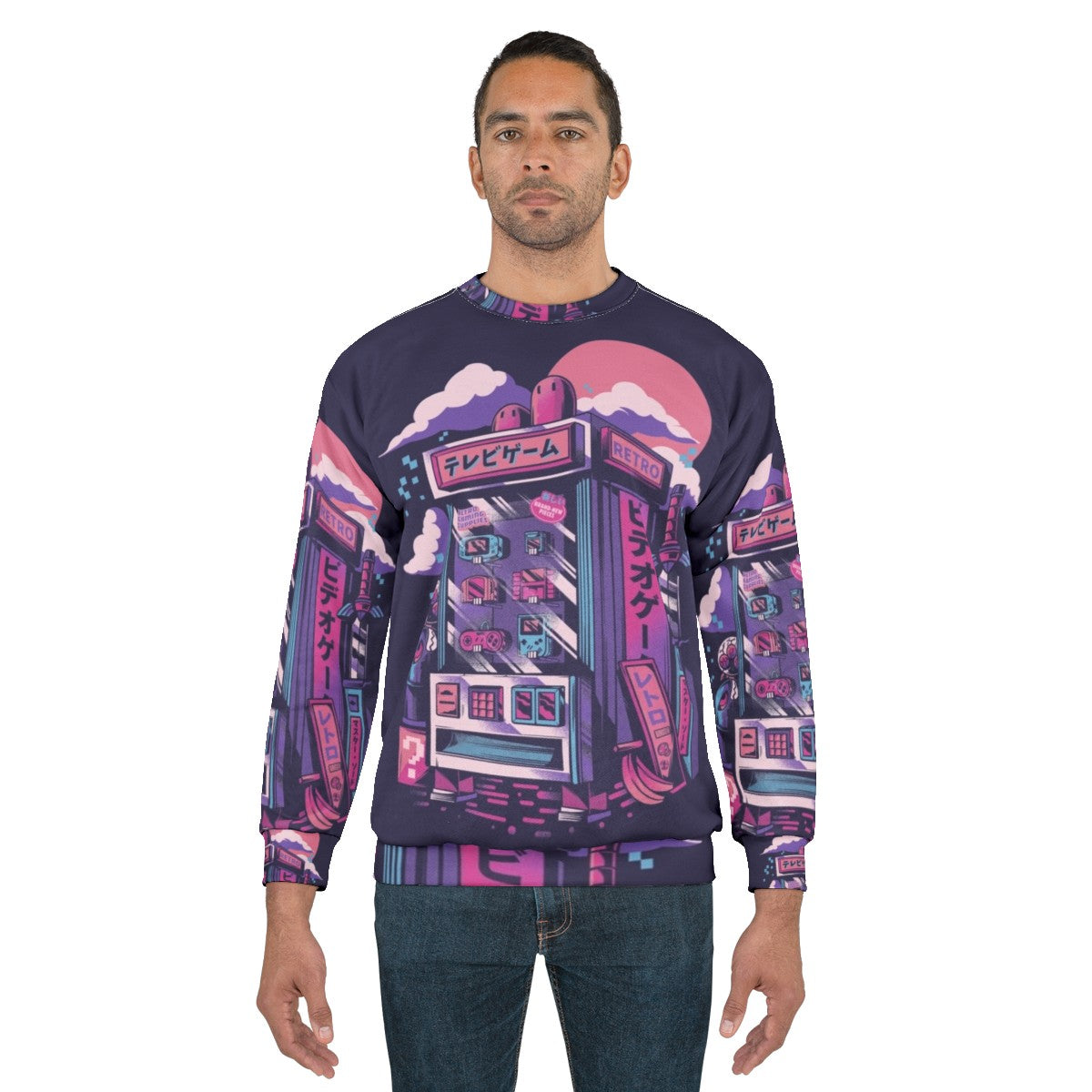 Vintage retro gaming sweatshirt with pixelated neon design - men