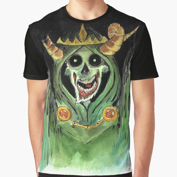 A graphic t-shirt design featuring a lich or undead sorcerer with a skull and gothic/horror elements