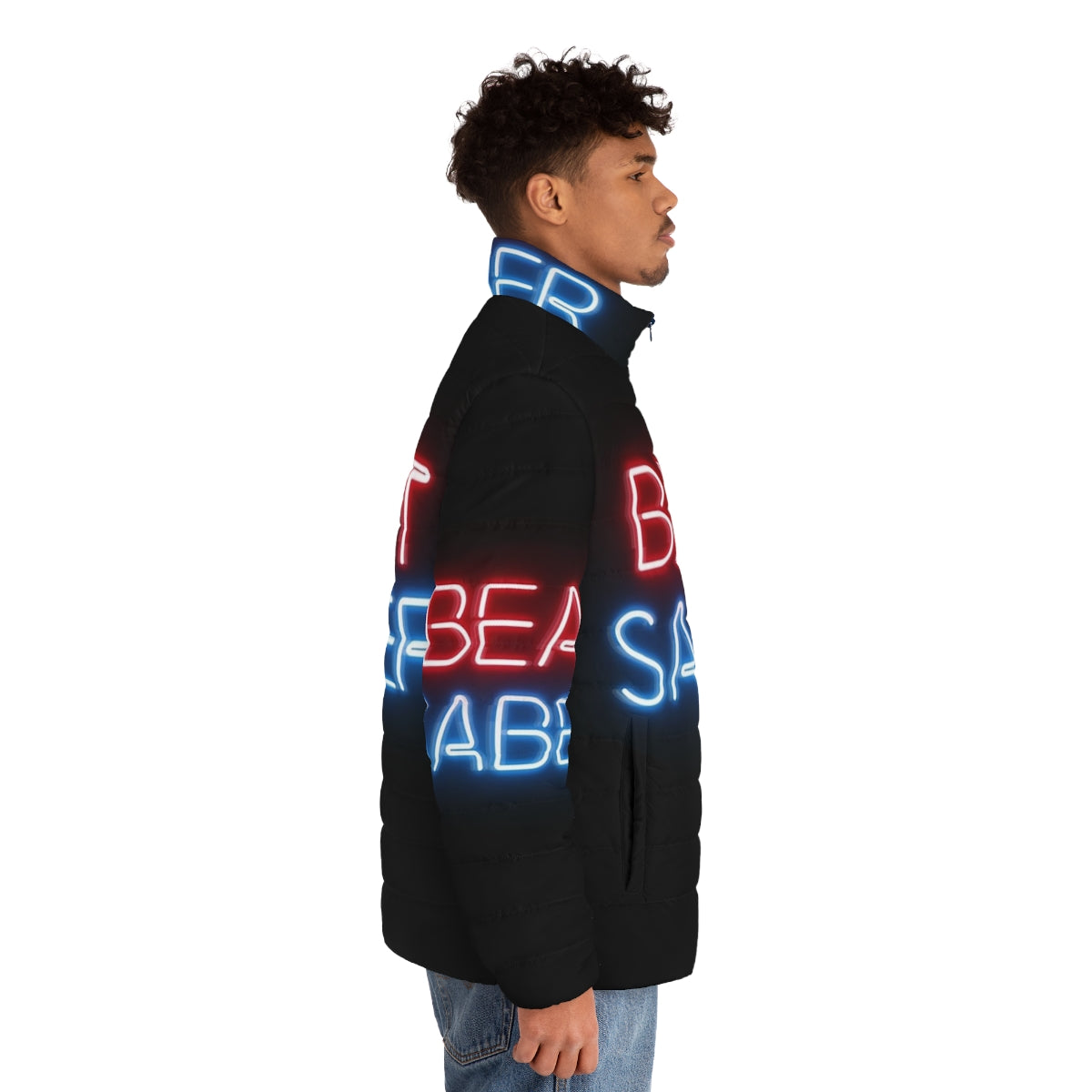 Beat Saber Puffer Jacket with neon colors and cyberpunk design - men side right