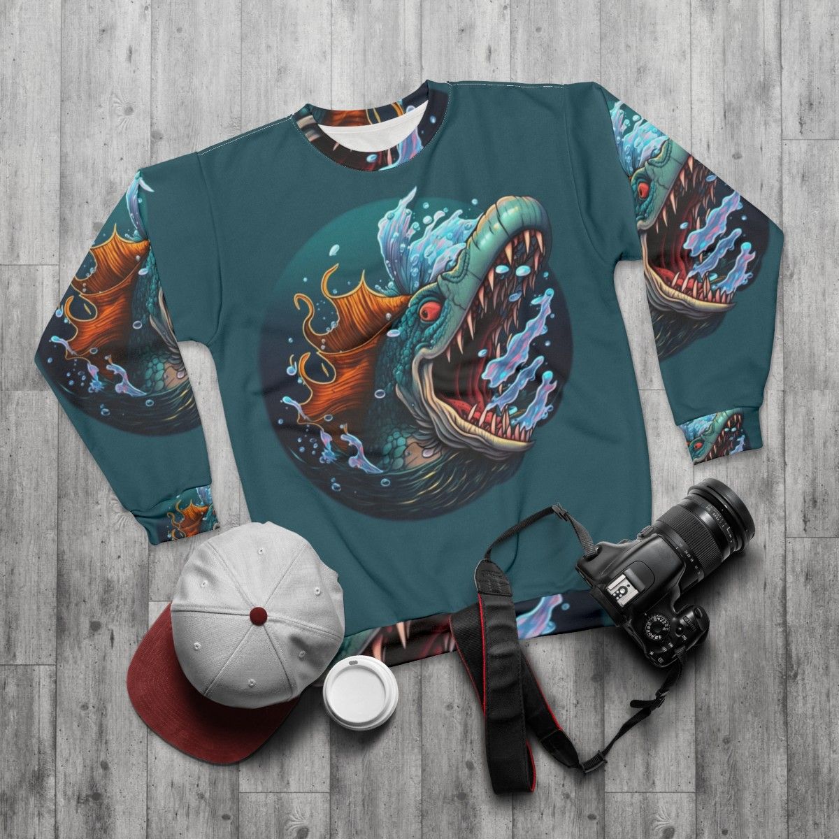 Sweatshirt featuring mythical sea creatures and fantasy ocean life - flat lay