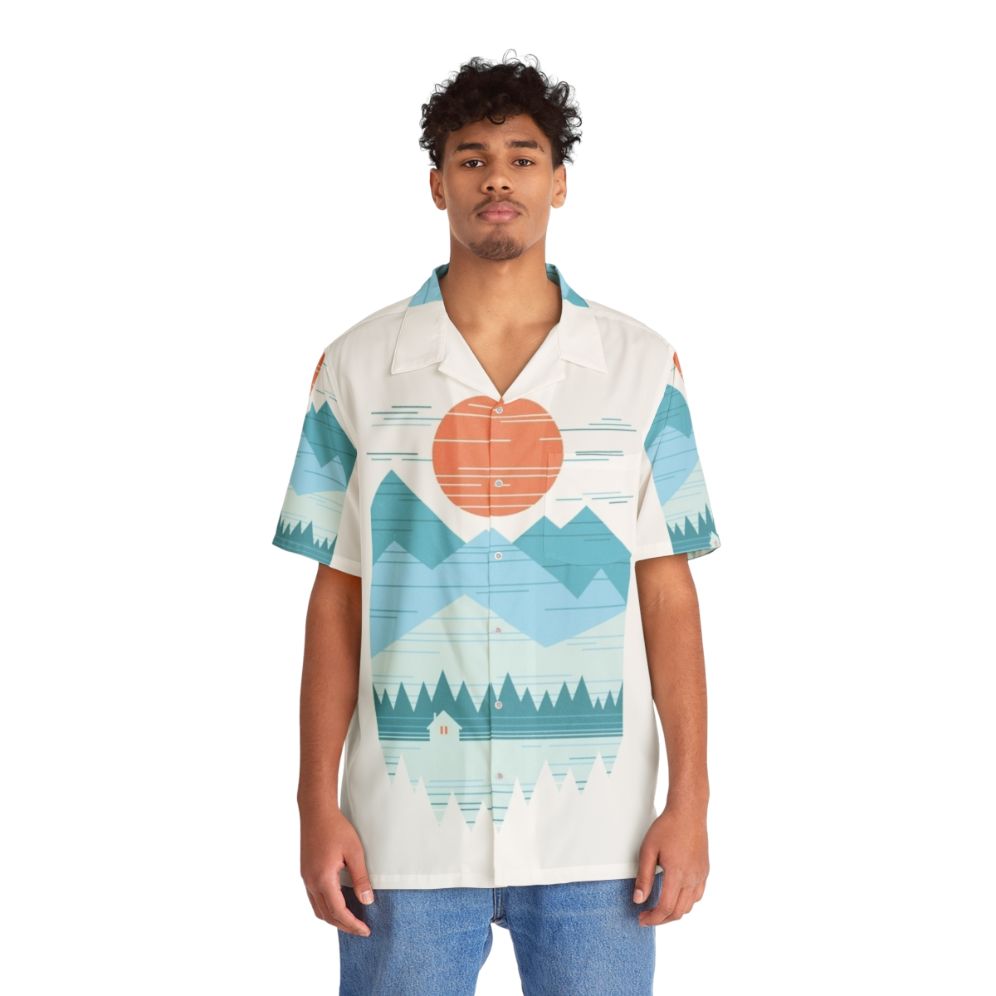 Cabin in the snow hawaiian shirt with minimalist mountain graphic design - People Front