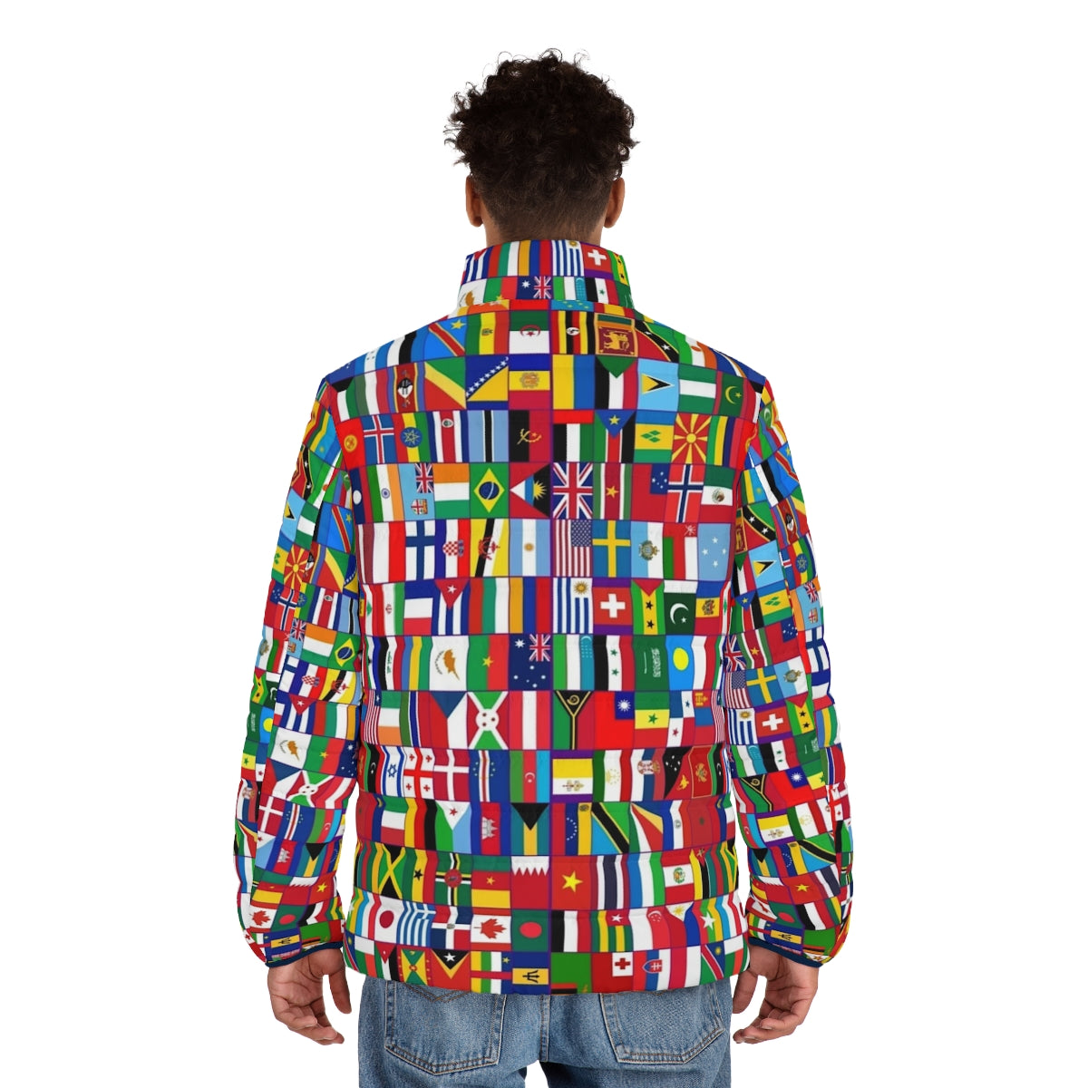 Flags of the World Puffer Jacket featuring colorful national flags from around the globe - men back