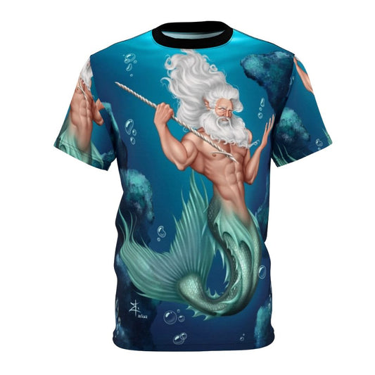 Vibrant t-shirt design featuring the Greek god Glaukos, a mythical merman with a captivating underwater aesthetic.