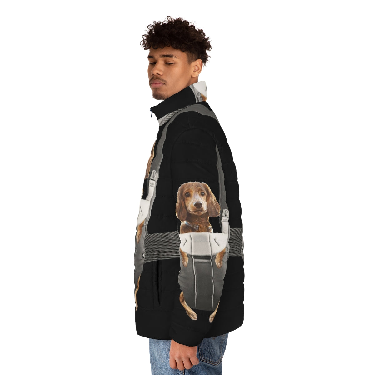 Dachshund in baby carrier puffer jacket - cute and fashionable pet accessory - men side left