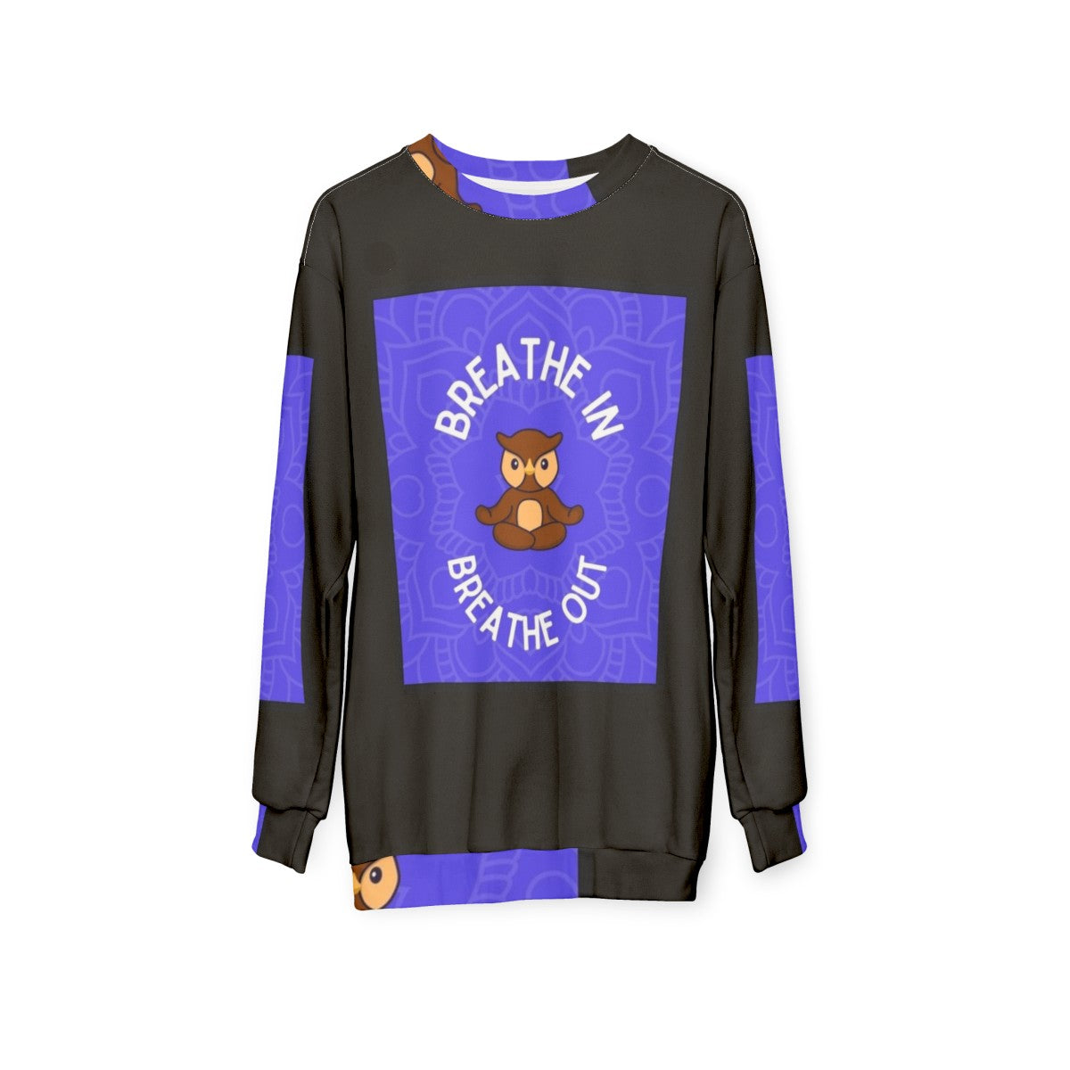 Owl Yoga Sweatshirt with Breathe In Breathe Out Design - hanging