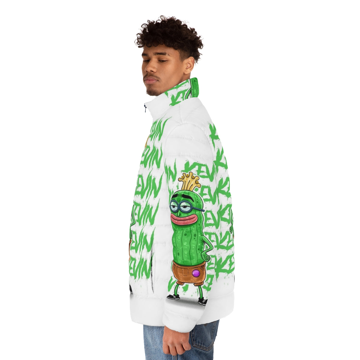 Spongebob Kevin the Sea Cucumber Puffer Jacket featuring characters from the Nickelodeon cartoon Spongebob Squarepants - men side left