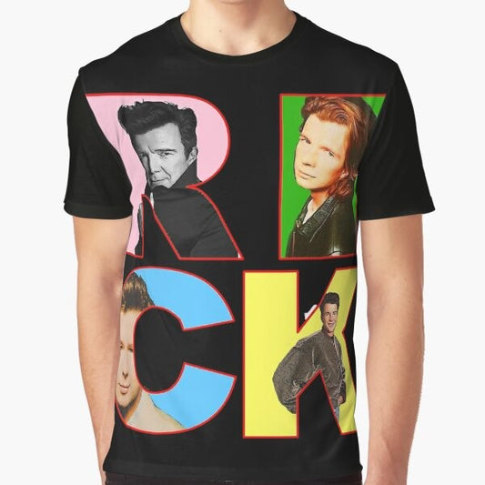 Pop art style graphic t-shirt featuring the image of Rick Astley, the famous 80s pop singer.