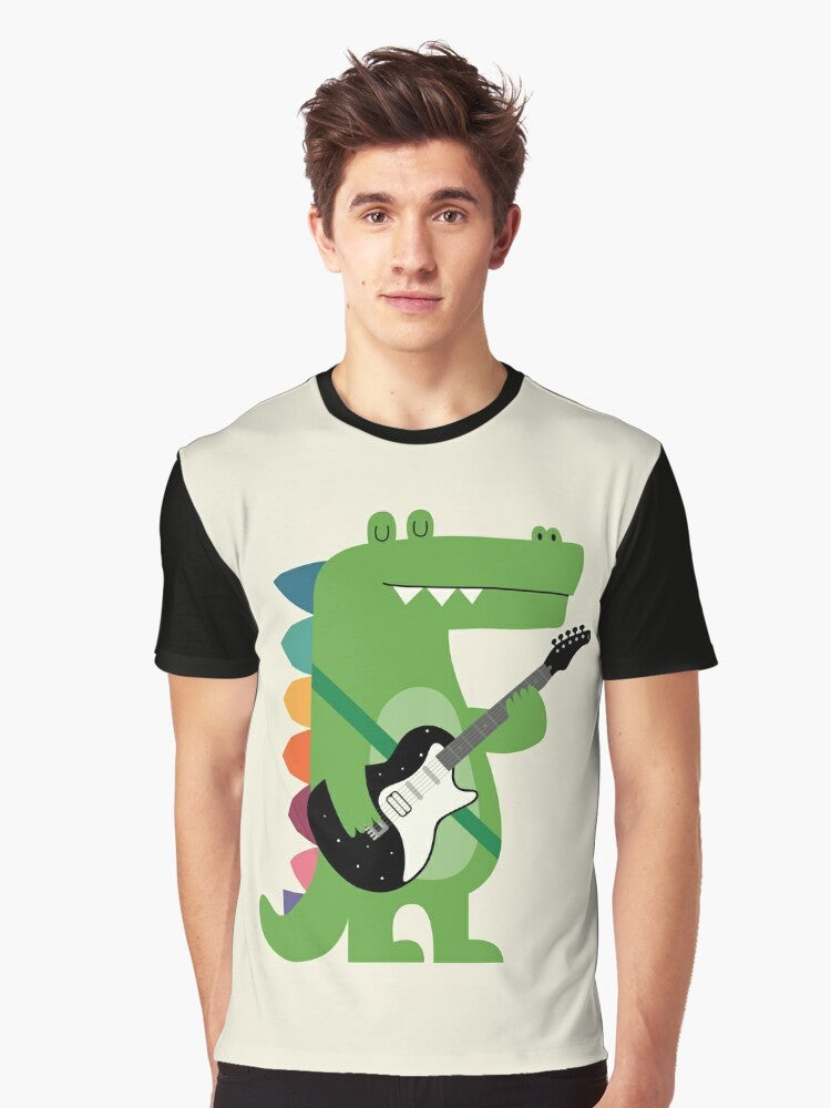 Crocodile wearing a punk rock outfit, standing in front of a rainbow background - Men