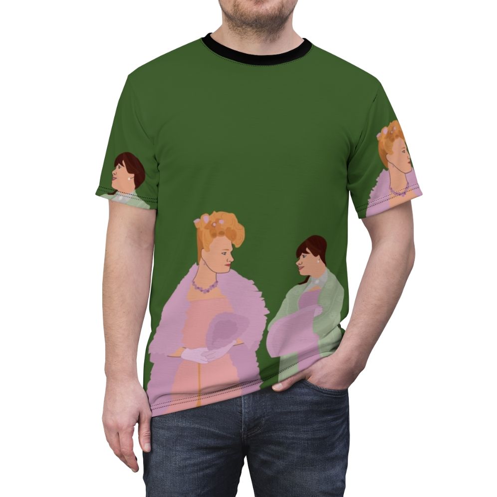 A high-quality all-over-print t-shirt featuring designs inspired by the characters Eloise Bridgerton and Cressida Cowper from the Netflix series Bridgerton. - men front