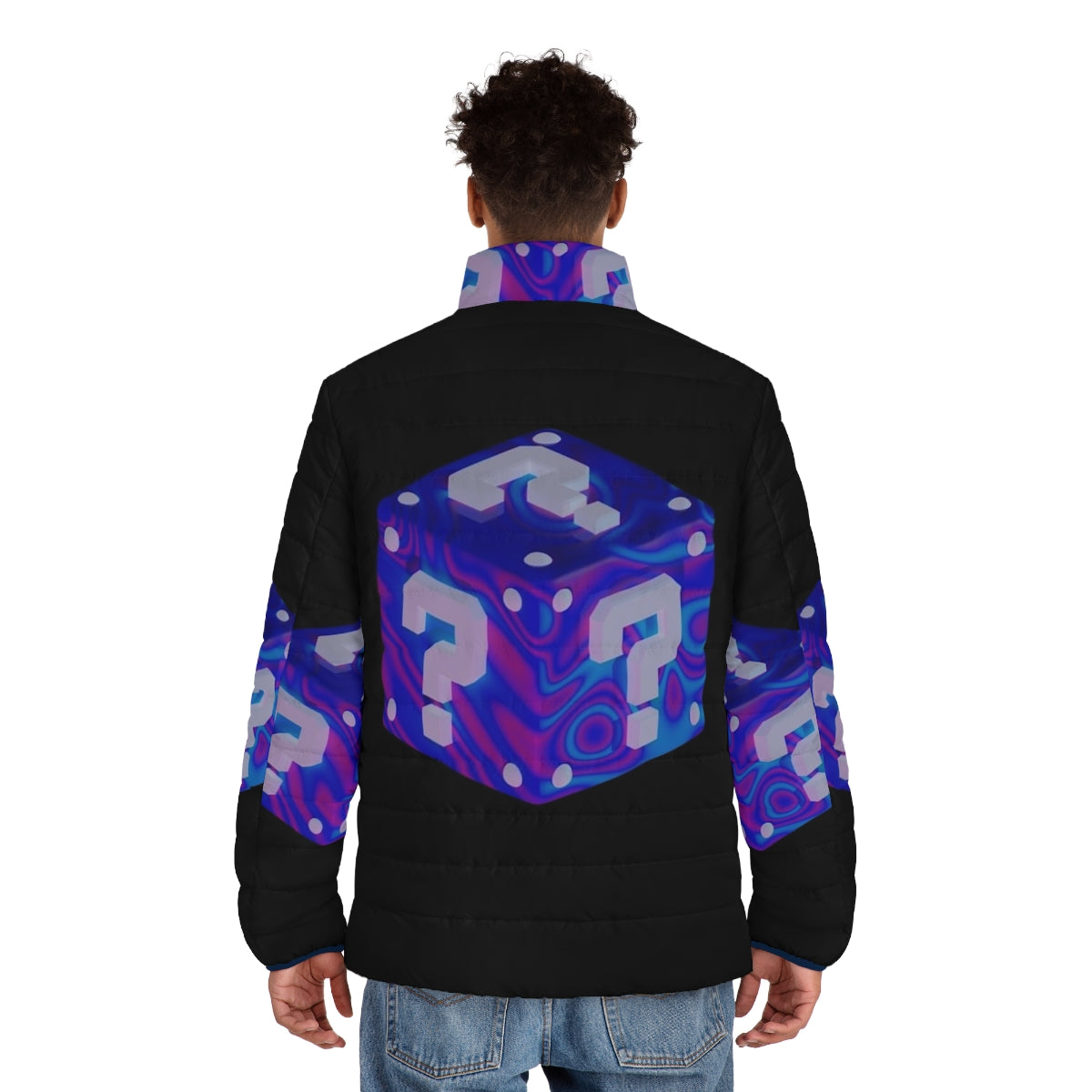 Mystery Box Puffer Jacket with psychedelic, geometric design - men back