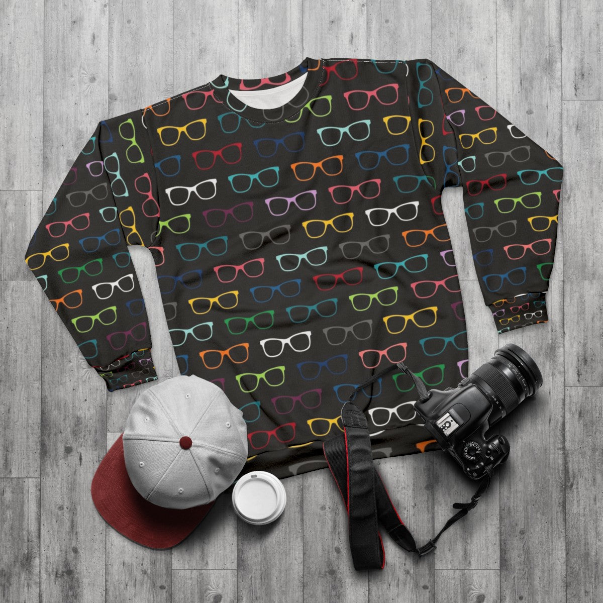 Colorful sweatshirt with a trendy eyeglasses pattern - flat lay