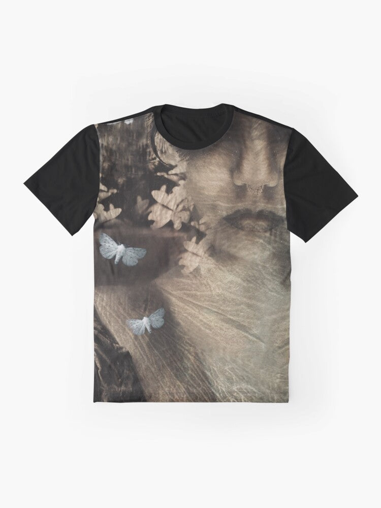 Surreal graphic t-shirt design featuring a queen of the night with moths, butterflies, and flowers in a dark, fantasy setting - Flat lay