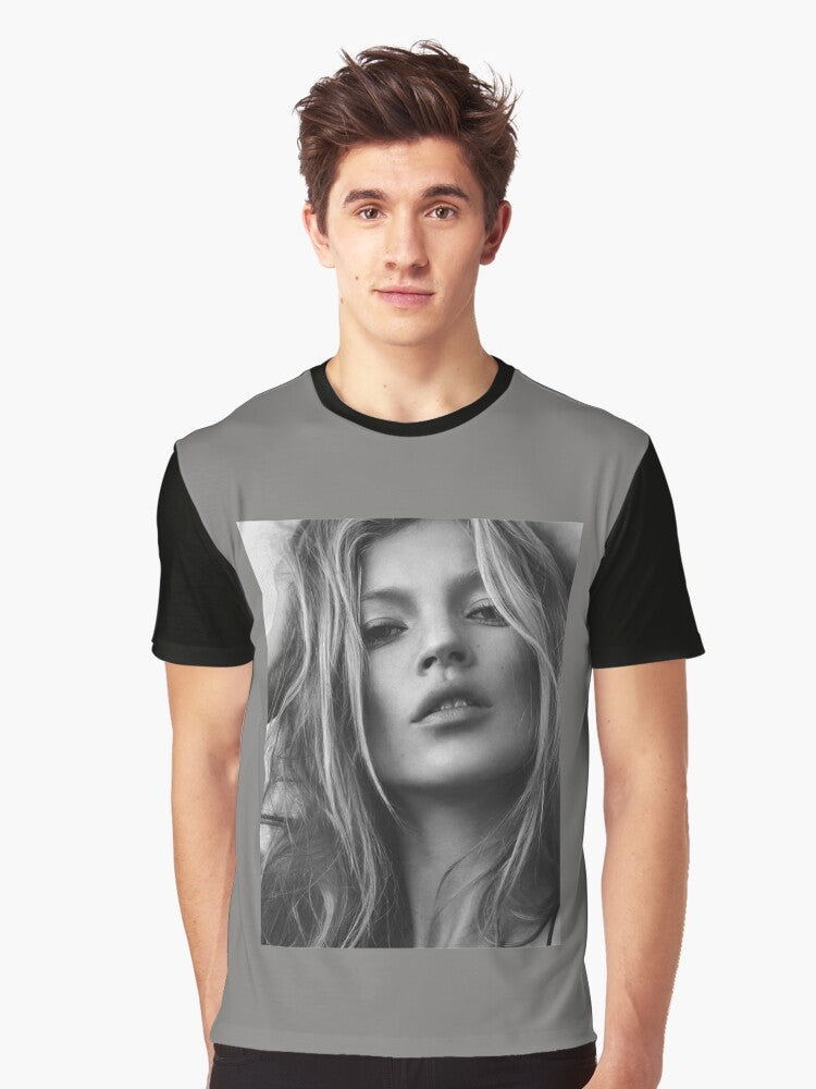 Kate Moss supermodel portrait in black and white graphic t-shirt design - Men